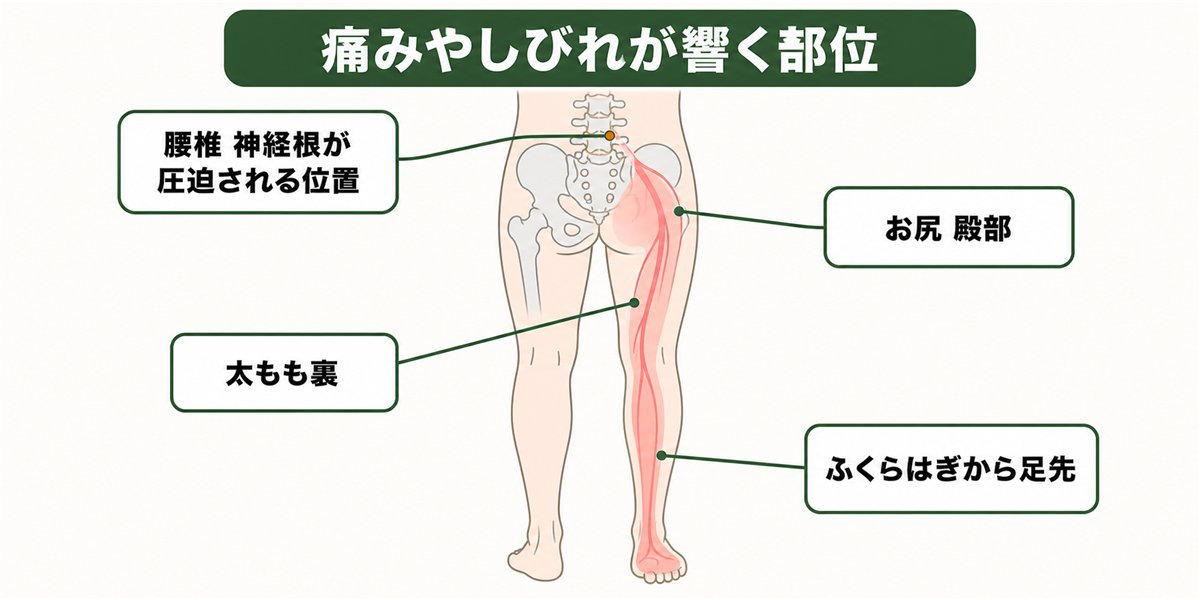 椎間板ヘルニアで痛みやしびれが響く腰から下肢の部位を示す模式図