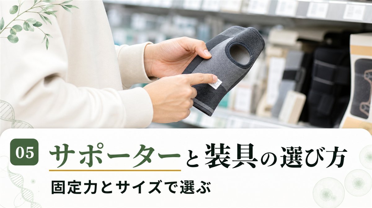 半月板損傷用のサポーターを装着する様子