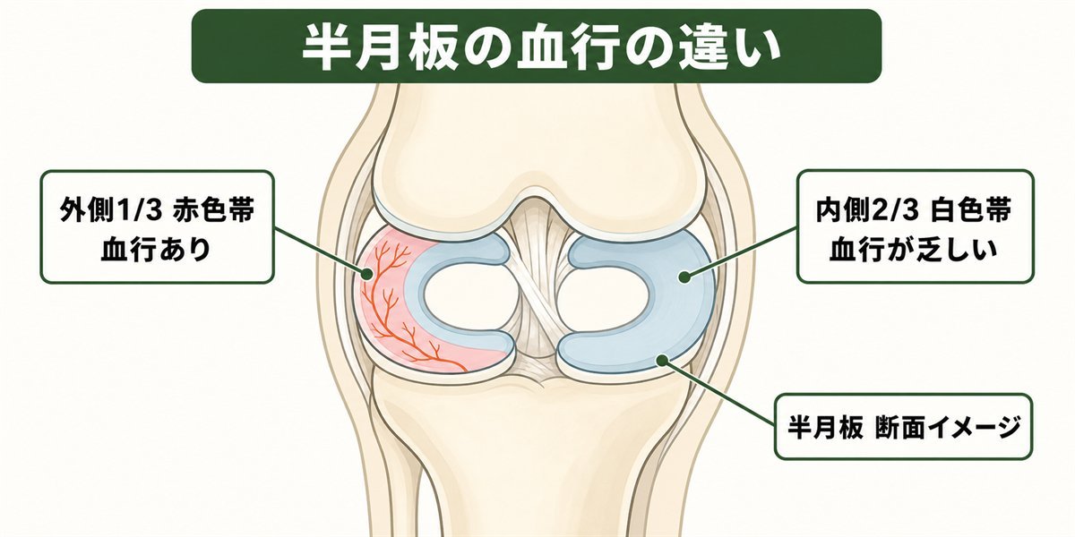 半月板の外側と内側の血行の違いを示す断面図