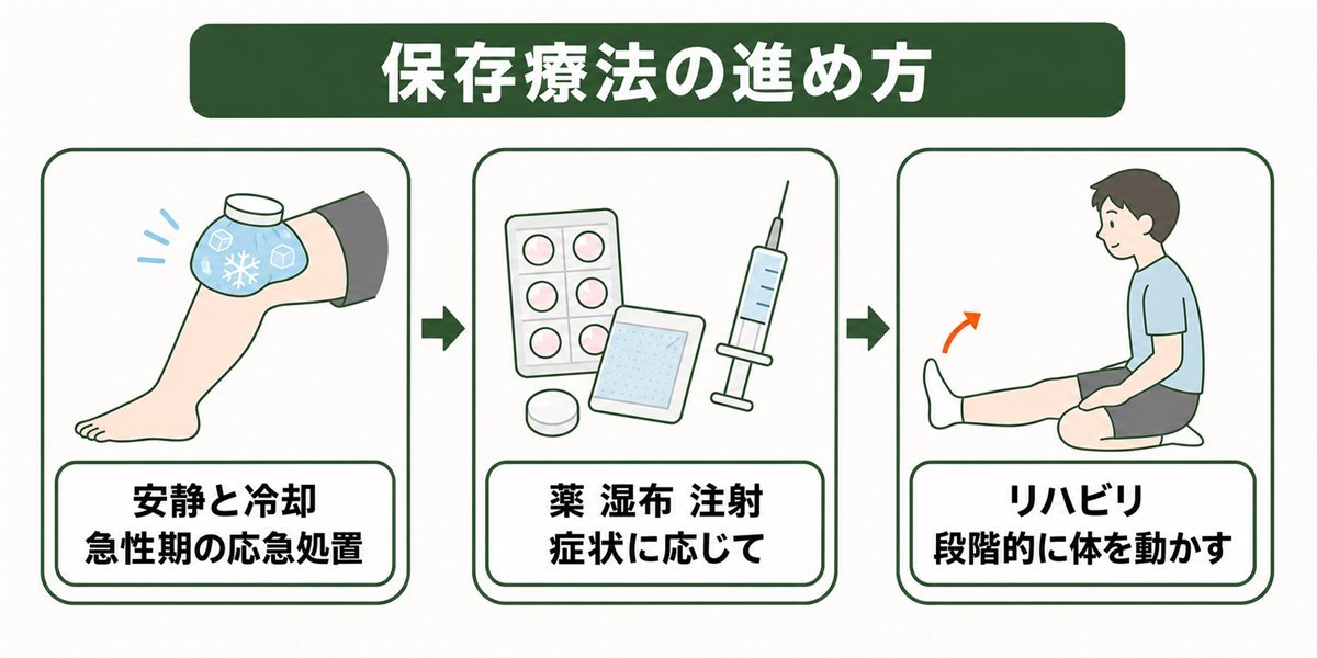 半月板損傷の保存療法の進め方を示すフロー図