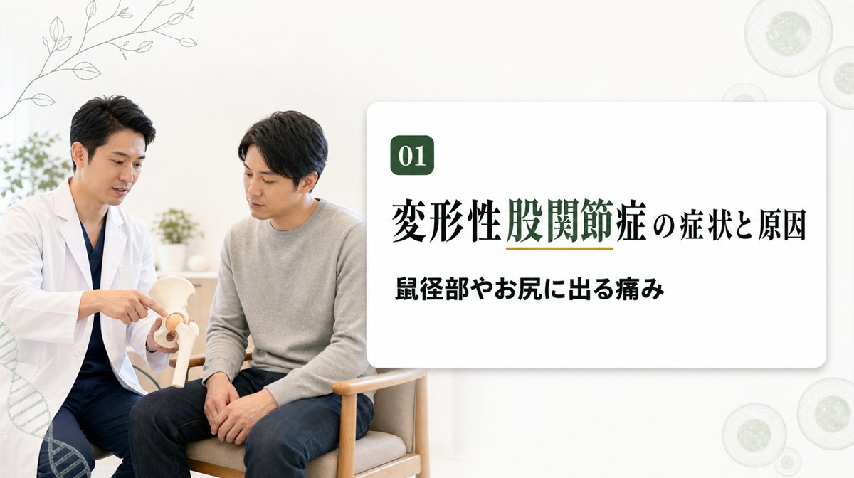 変形性股関節症の症状と原因を医師が説明する様子