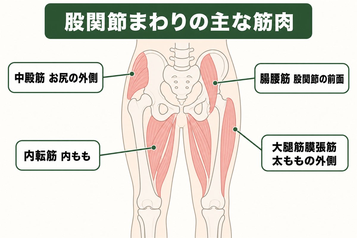 股関節まわりの主な筋肉の位置（中殿筋 内転筋 腸腰筋 大腿筋膜張筋）