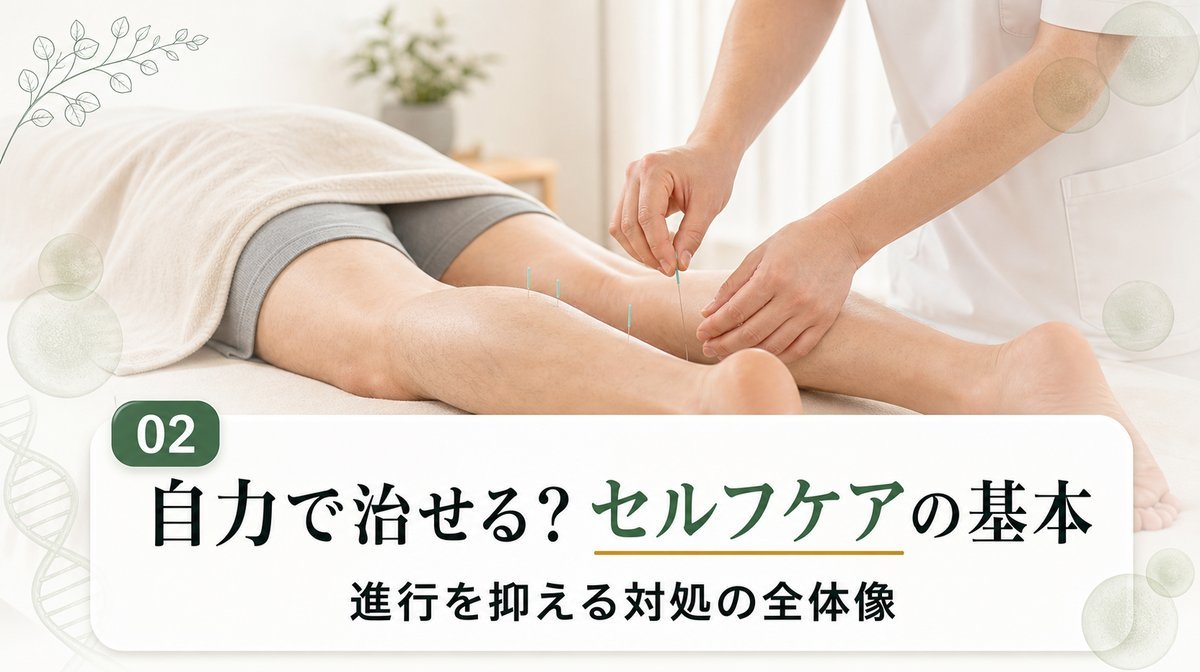 変形性膝関節症のセルフケアとして鍼灸院で施術を受ける様子