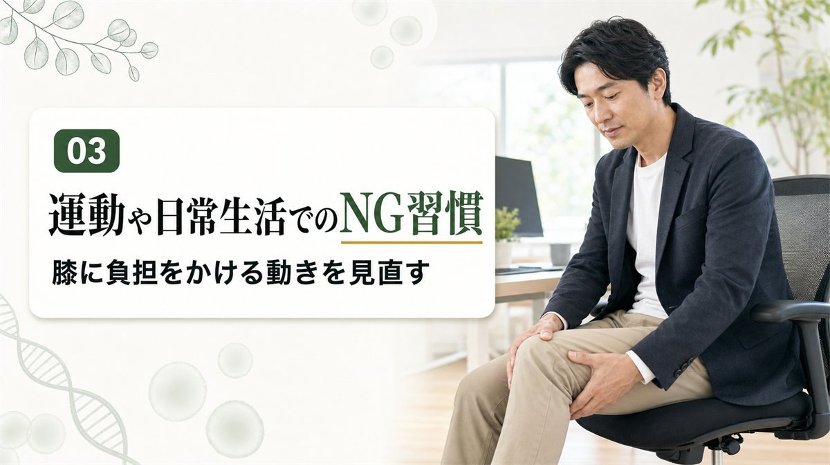 デスクワーク中に膝の違和感に手を当てる様子