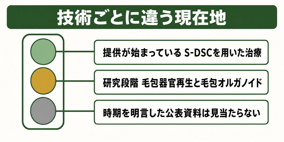 毛髪再生医療の技術ごとに違う現在地を示した図