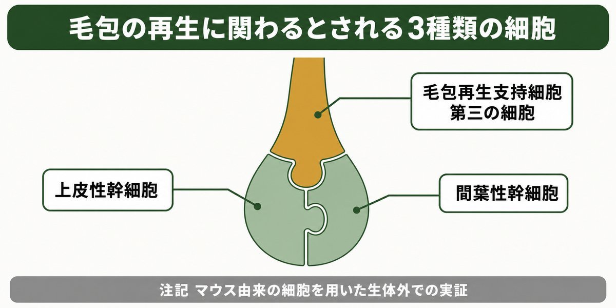 毛髪再生医療で毛包の再生に関わるとされる3種類の細胞の図