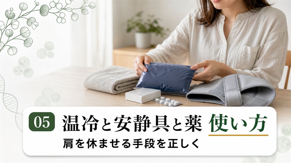 腱板断裂の痛みを和らげる温冷や安静具を扱う手元