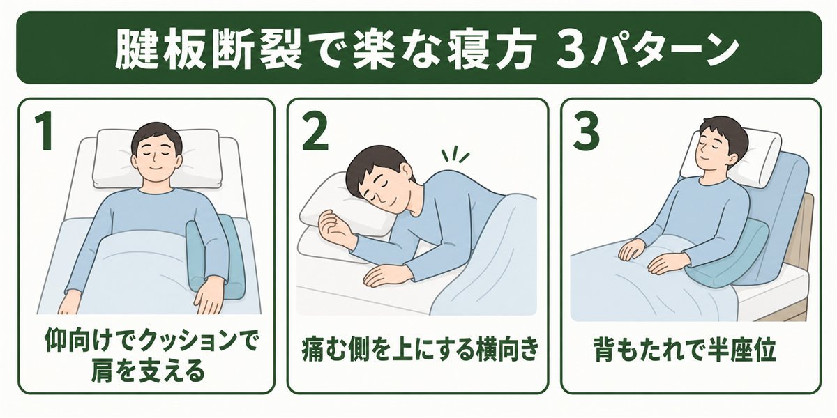 腱板断裂で楽に眠れる寝方3パターンのカード図