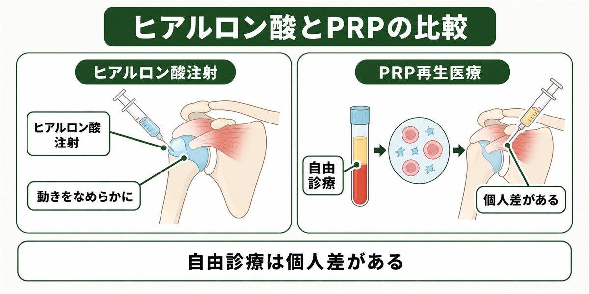 ヒアルロン酸注射とPRP再生医療の比較図(自由診療・個人差がある)