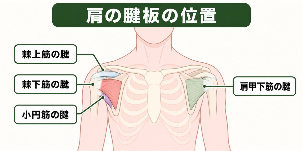 肩の腱板の位置(棘上筋・棘下筋・肩甲下筋・小円筋の腱)を示す図