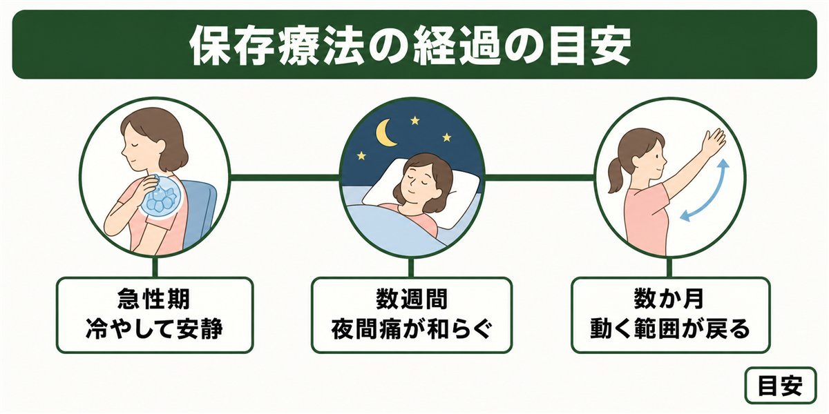 腱板断裂の保存療法の経過の目安を示すタイムライン図