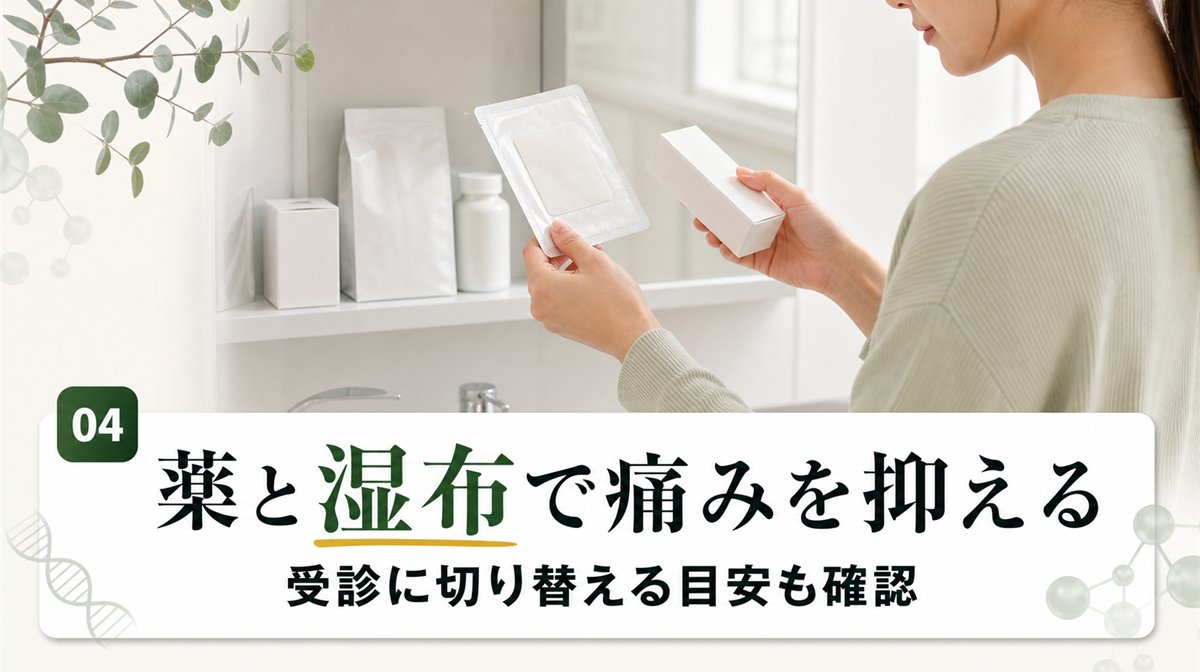 坐骨神経痛の薬や湿布を選ぶ様子