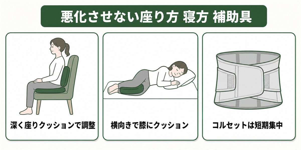 悪化させない座り方と寝方と補助具の図解
