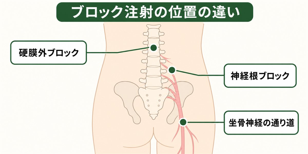 ブロック注射の位置の違いを示す図解