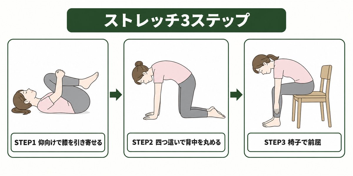 脊柱管狭窄症のストレッチ3ステップの図解