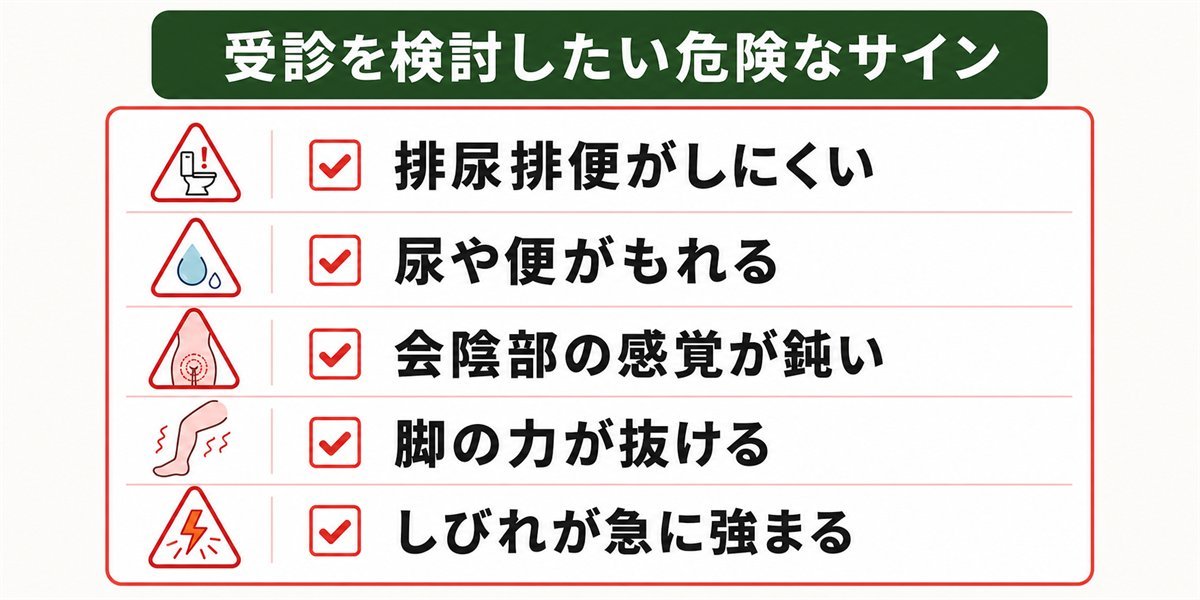 脊柱管狭窄症で受診を検討すべき危険なサインのチェック図