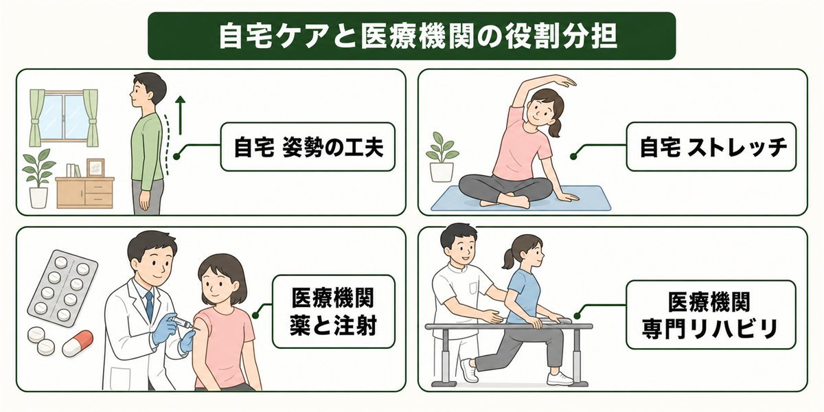 脊柱管狭窄症の自宅ケアと医療機関の役割分担を示す図