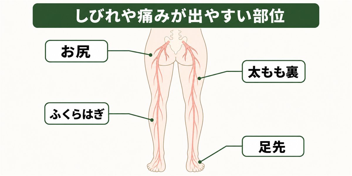 脊柱管狭窄症でしびれや痛みが出やすい部位を示す模式図